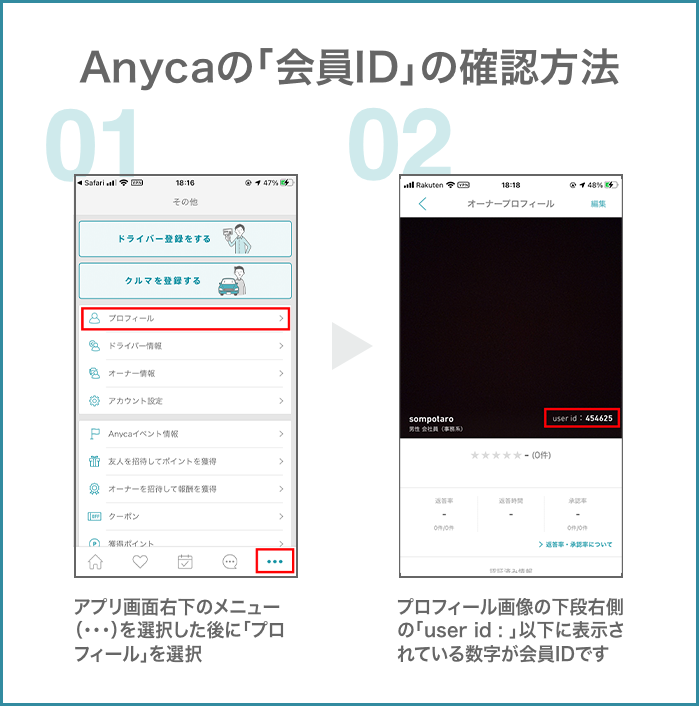 Anycaの「会員ID」の確認方法